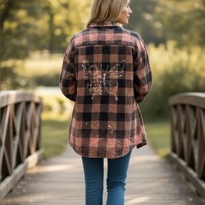 Upcycled distressed hand painted bleach-stained sunflower & butterfly flannel 5x